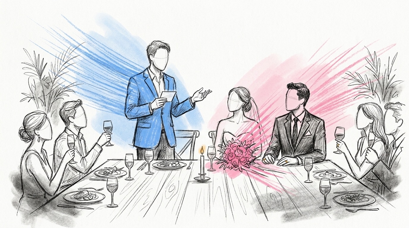 Gäst som läser en kort bröllopshälsning från ett litet kort till brudparet vid ett långbord där andra gäster lyfter glasen, i Lovios rosa och blå illustrationsstil