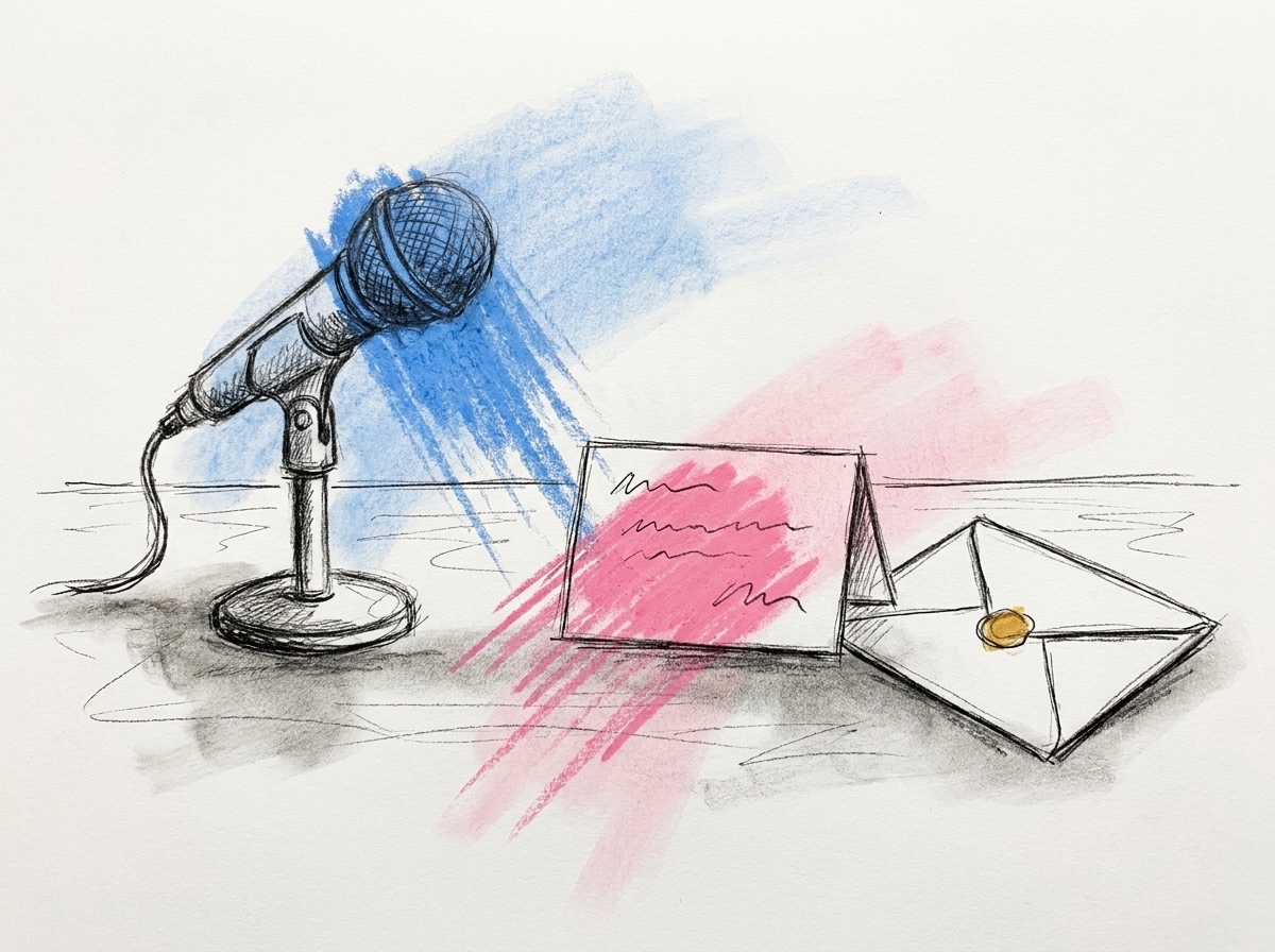 En mikrofon på stativ, ett kort med några rader och ett förseglat kuvert bredvid varandra på ett bord, i Lovios rosa och blå illustrationsstil