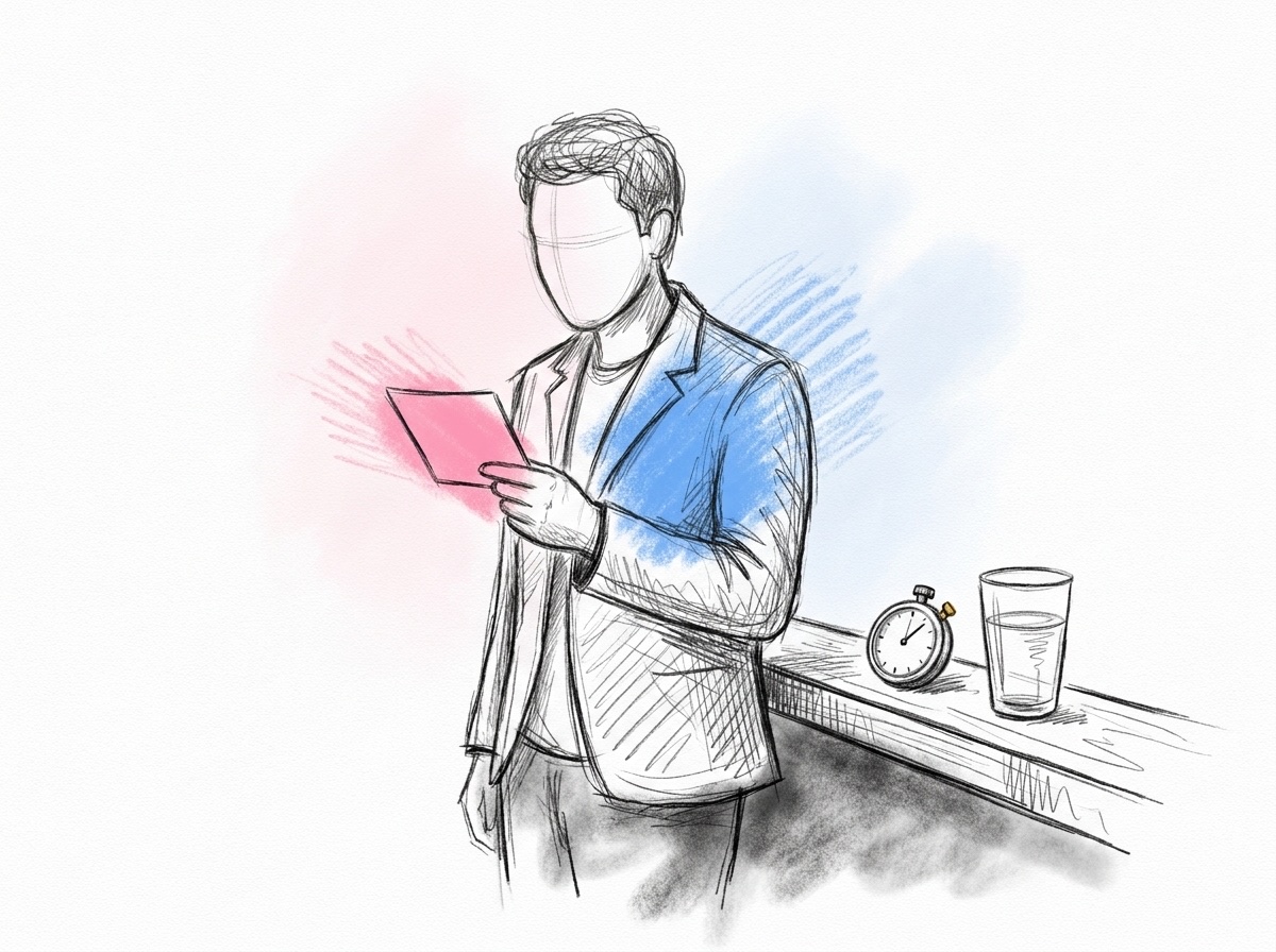 En person i en hall som övar sin hälsning genom att läsa från ett litet kort, med ett stoppur och ett glas vatten på hyllan intill, i Lovios rosa och blå illustrationsstil