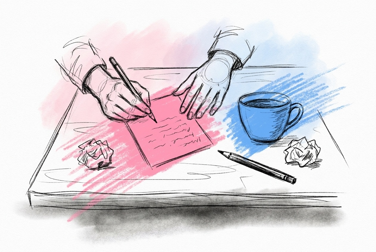 Två händer som skriver en bröllopshälsning på ett litet kort vid ett köksbord med pennor, kaffekopp och ihopskrynklade utkast, i Lovios rosa och blå illustrationsstil