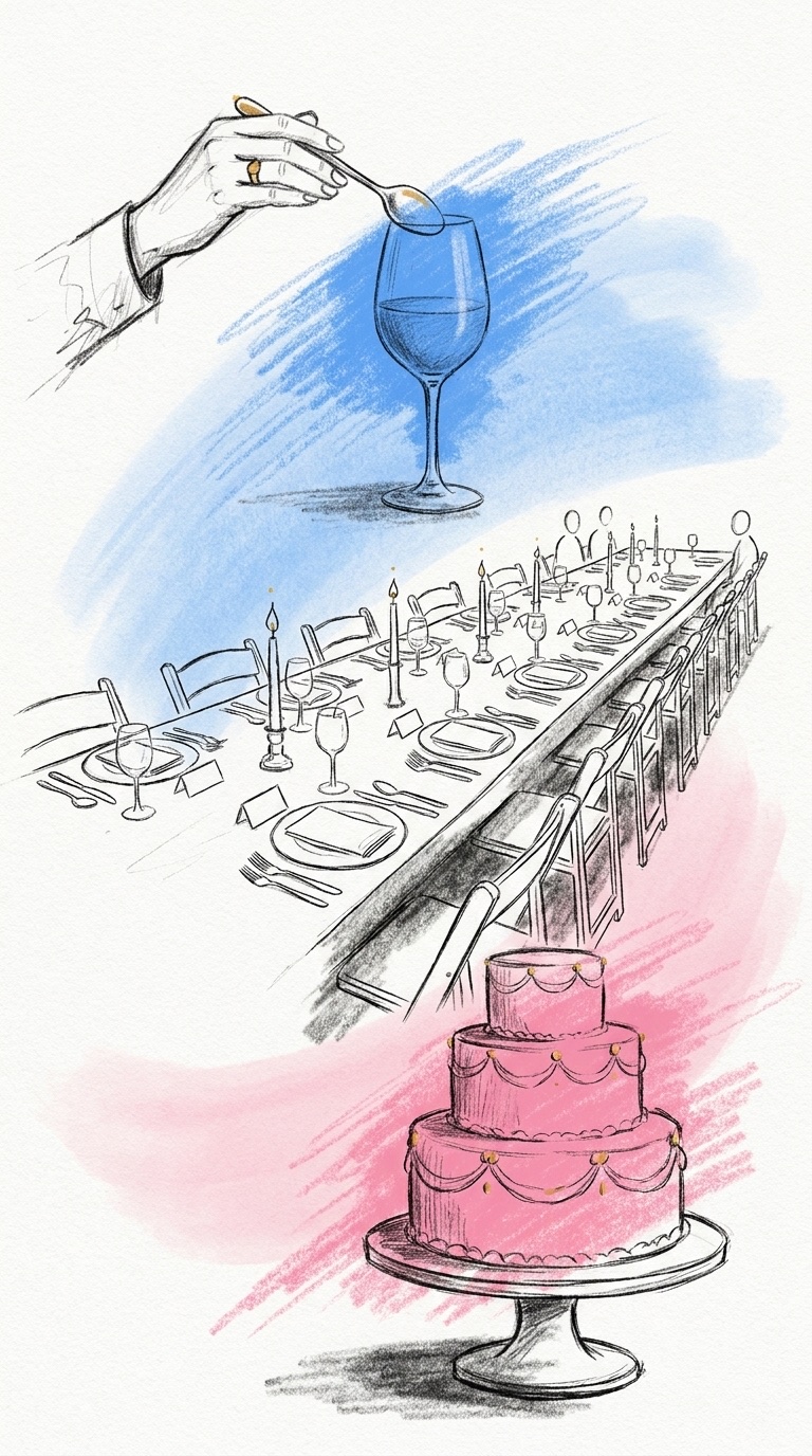 Lodrät komposition med en hand som knackar på ett vinglas med en sked överst, ett dukat långbord i mitten och en bröllopstårta på ett fat längst ned, i Lovios rosa och blå illustrationsstil