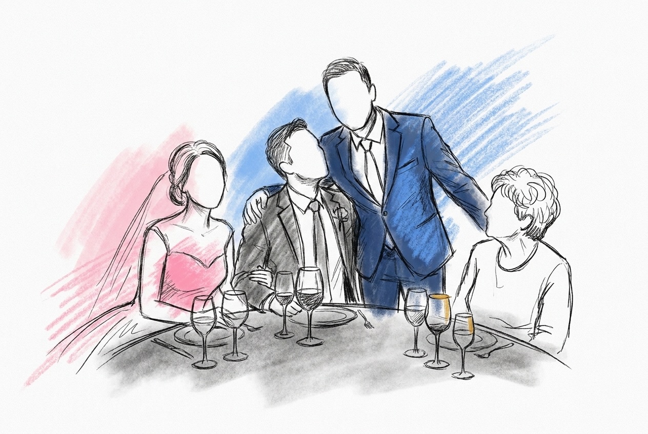 En vän med armen om ena brudparets axlar medan en äldre släkting tittar på vid ett middagsbord med vinglas, i Lovios rosa och blå illustrationsstil