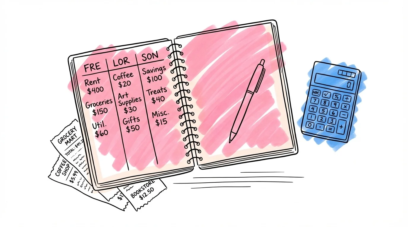 Öppen planeringsbok med budgetkolumner för fredag, lördag och söndag, miniräknare och penna bredvid