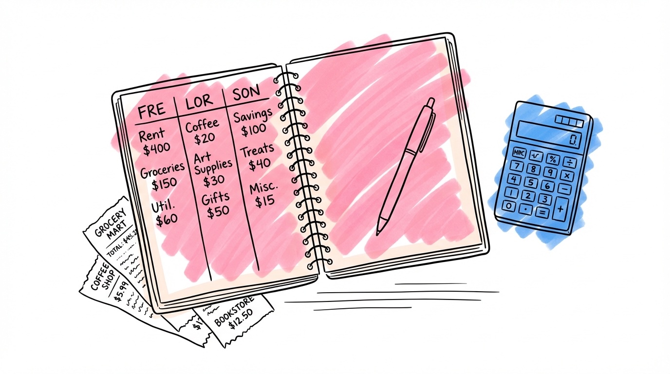 Öppen planeringsbok med budgetkolumner för fredag, lördag och söndag, miniräknare och penna bredvid