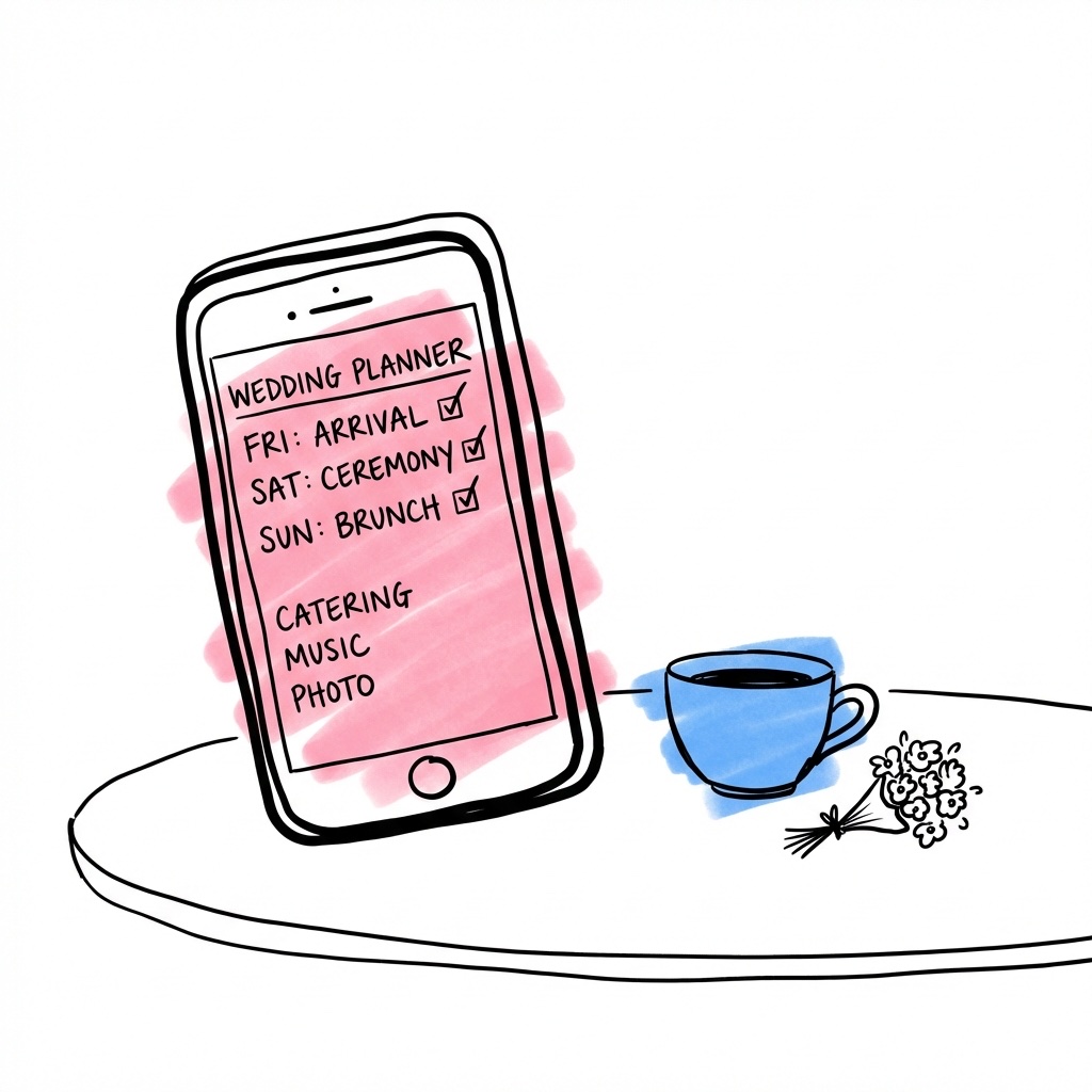 Telefonskärm som visar en tredagars tidsplan med checkmarkeringar, liggande på ett bord bredvid kaffekopp och liten bukett