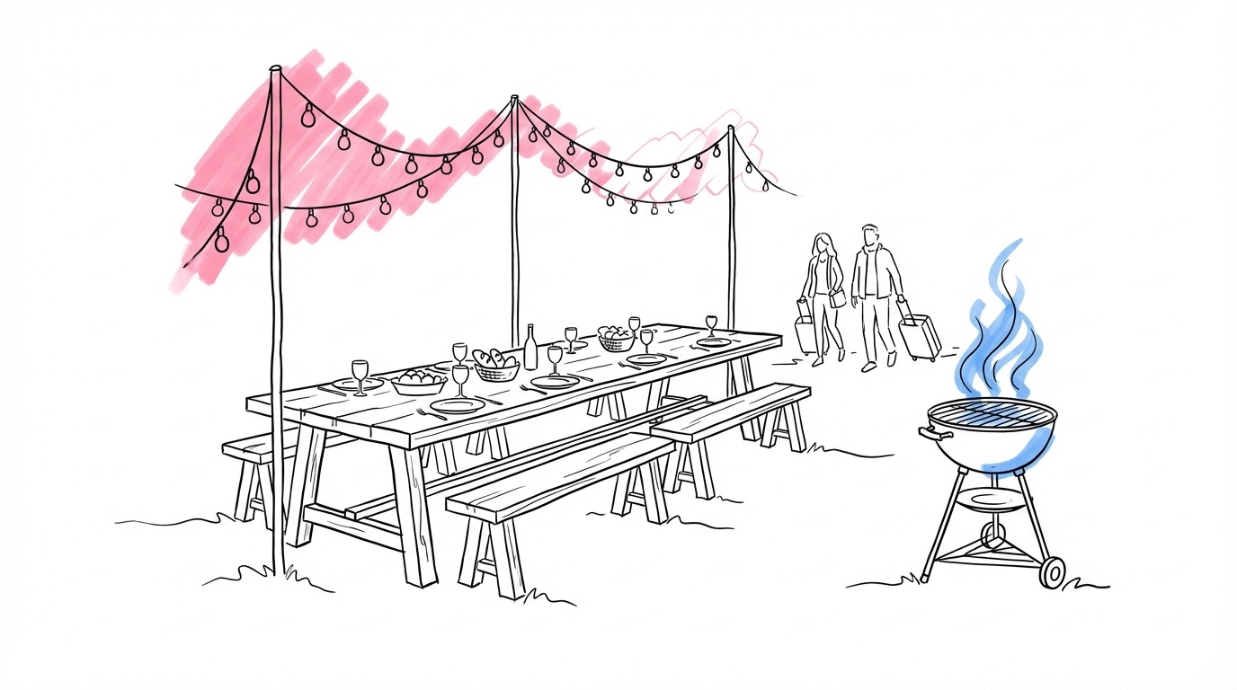 Långt utomhusbord dukat för välkomstmiddag med ljusslingor, grill och ankommande gäster med väskor