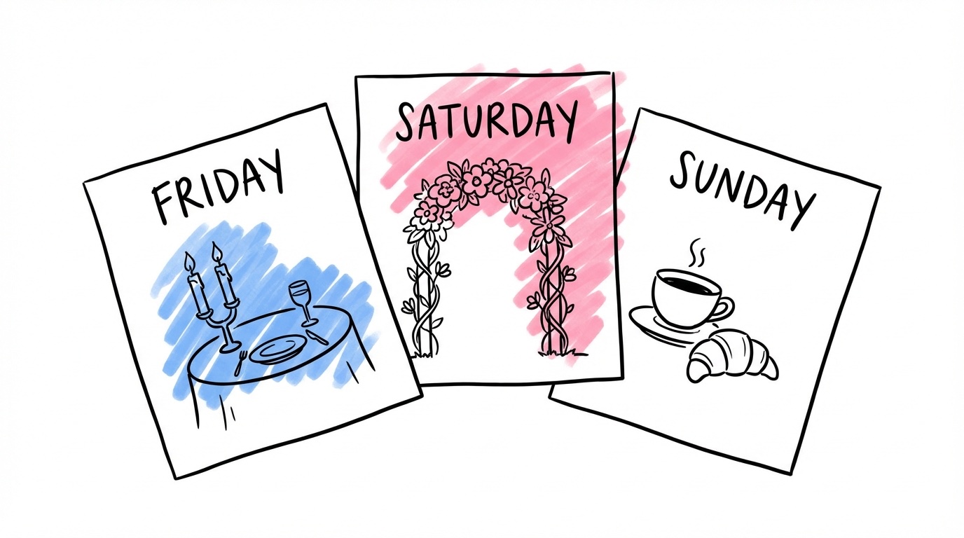 Helgkalender med tre dagar — fredagsmiddag, lördagsceremoni och söndagsbrunch — i festlig illustration