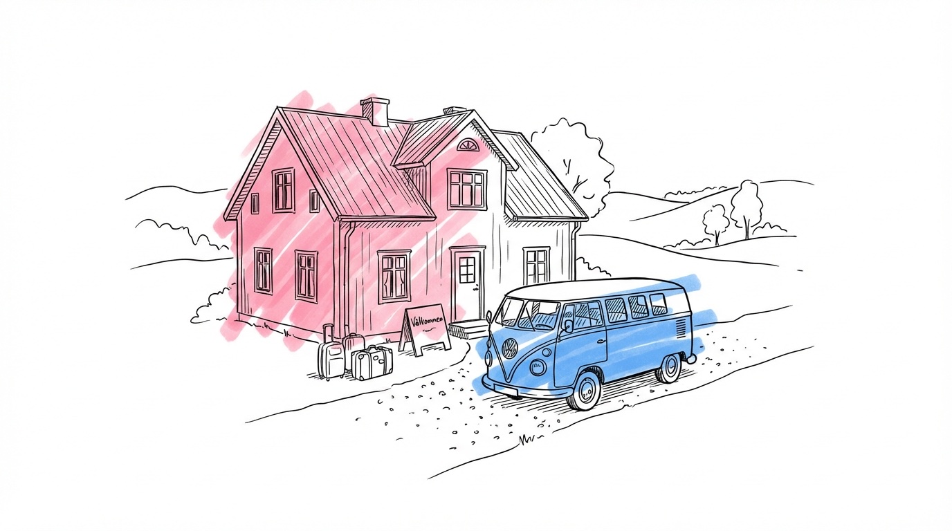 Liten svensk herrgård med minibuss parkerad utanför, väskor vid entrén och välkomstskylt