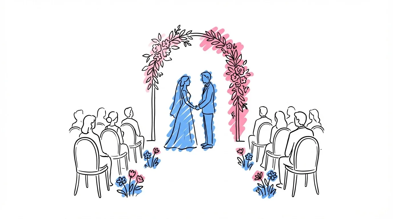 Vigselceremoni med brudpar vid altaret, gäster i rader, blommor och grönska som ramar in scenen
