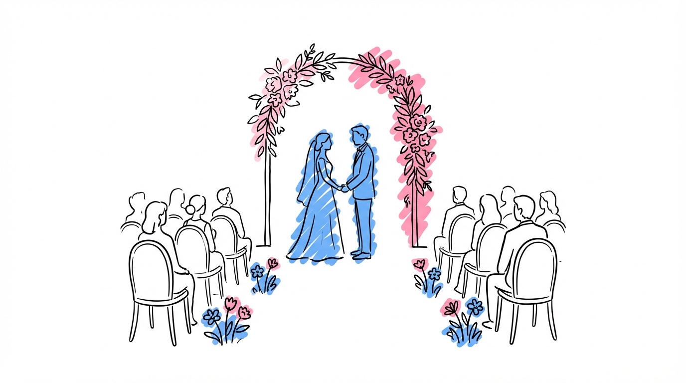 Vigselceremoni med brudpar vid altaret, gäster i rader, blommor och grönska som ramar in scenen