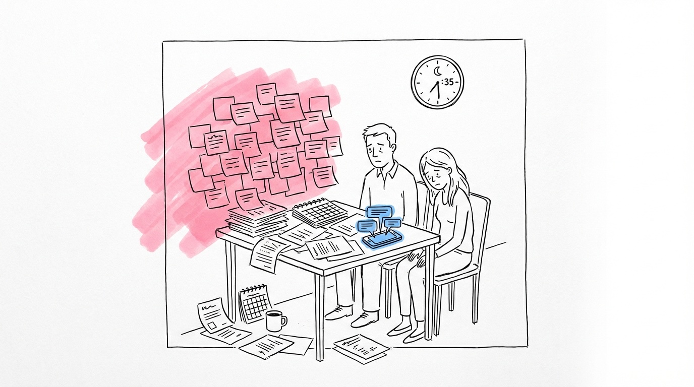 Stressat par omgivet av överlappande scheman, klisterlappar och en telefon som surrar med meddelanden