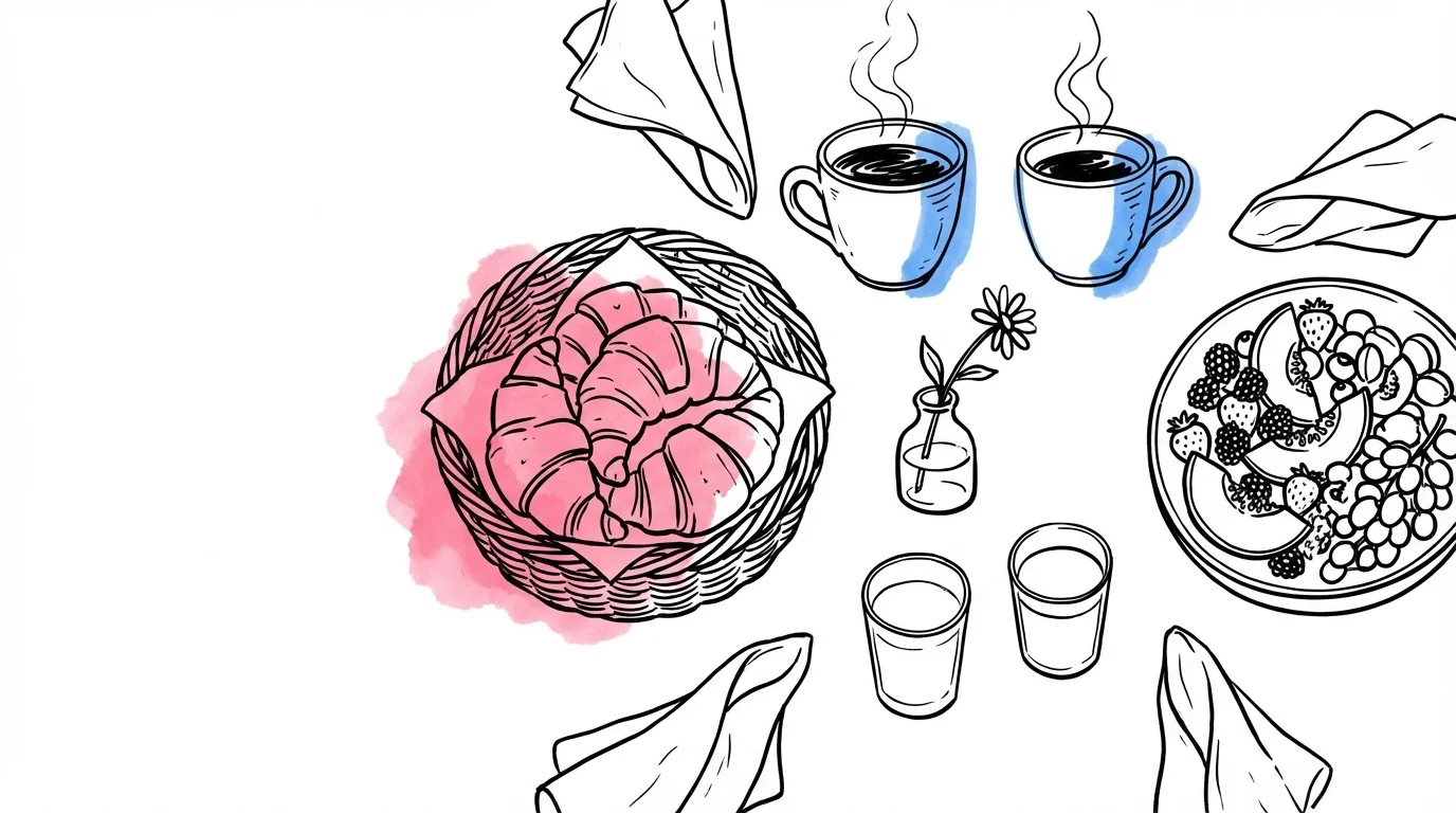 Brunchuppdukning i morgonljus med croissanter, frukt, kaffekoppar och gäster som kramar hejdå