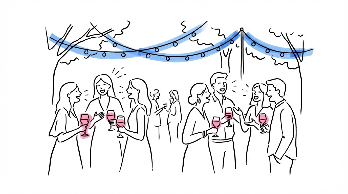 Grupp bröllopsgäster som minglar avslappnat utomhus med drinkar i kvällsljus