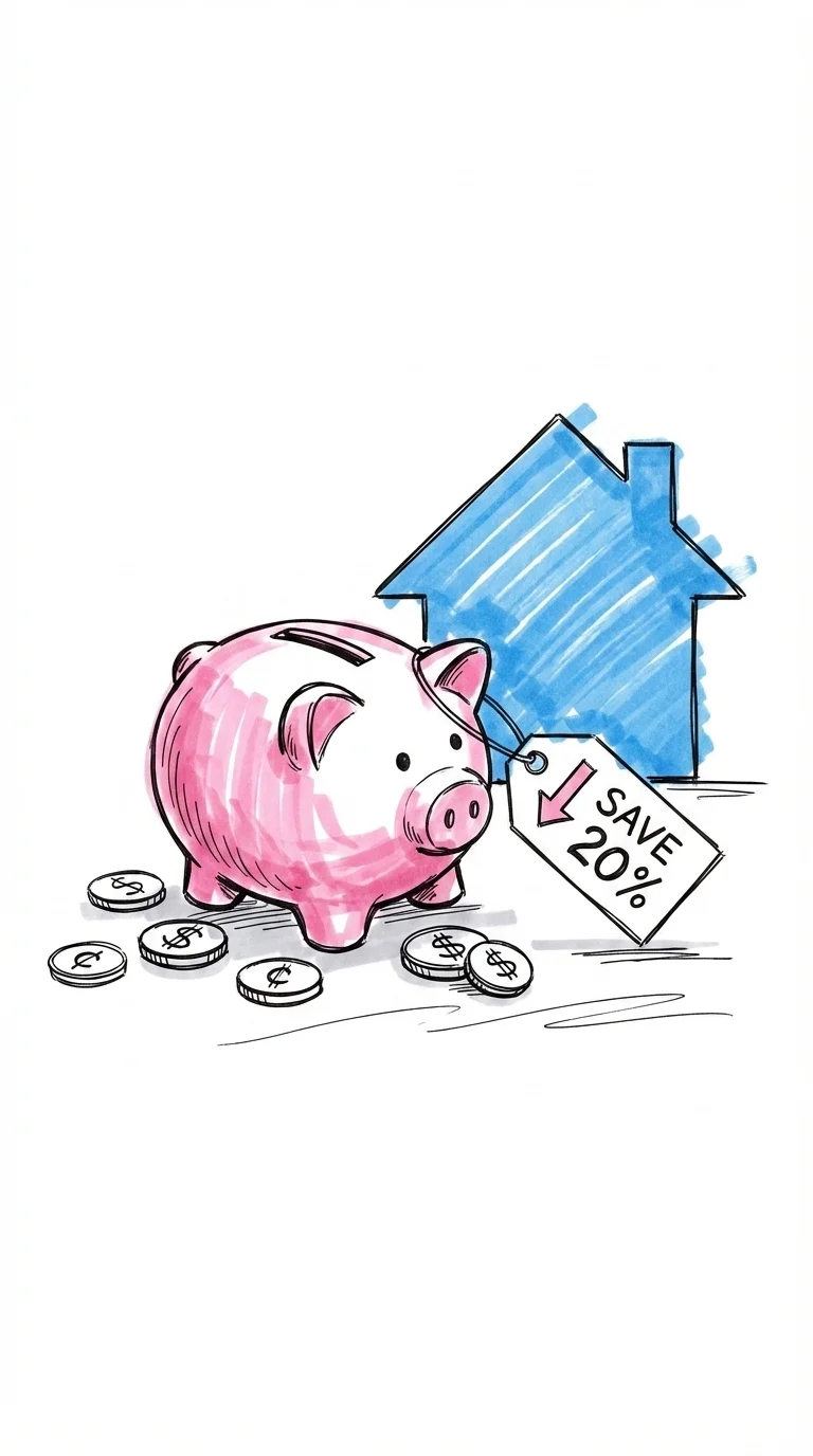 Sparbössa med mynt bredvid en liten hussilhuett och en prislapp, besparingshumör