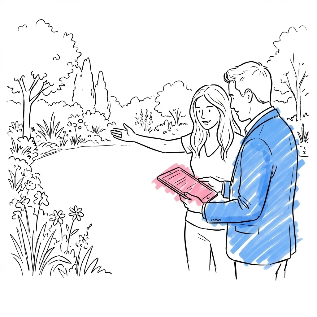 Par i trädgård, en pekar mot utrymmet medan den andra håller en surfplatta, planerar sin fest tillsammans