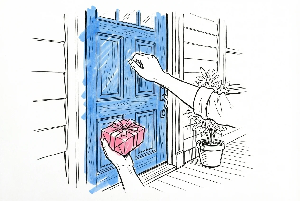 Hand som knackar på en grannens dörr, den andra handen håller en tårtbit på tallrik, vänlig gest mellan hus