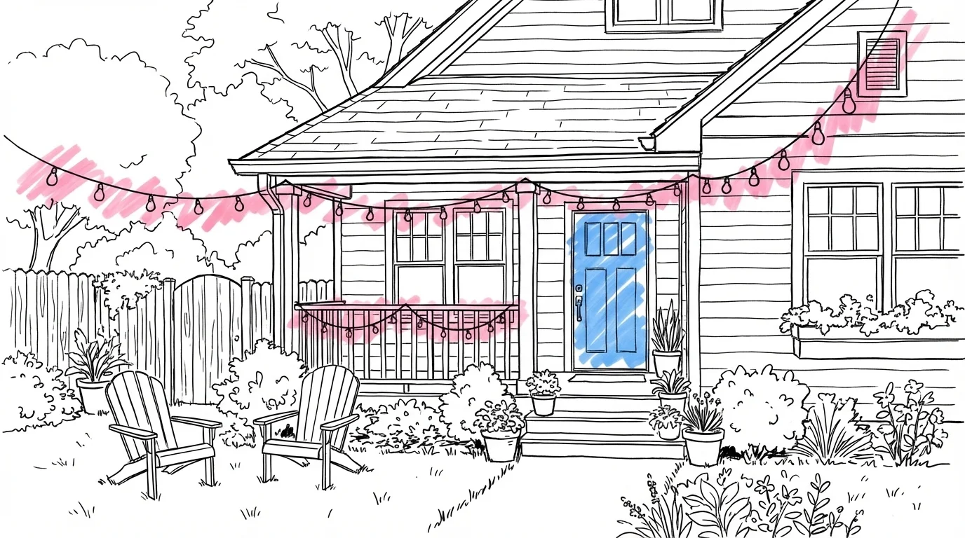 Charmigt hus med trädgård, ljusslingor dragna från verandan, stolar uppställda på gräsmattan inför en intim fest