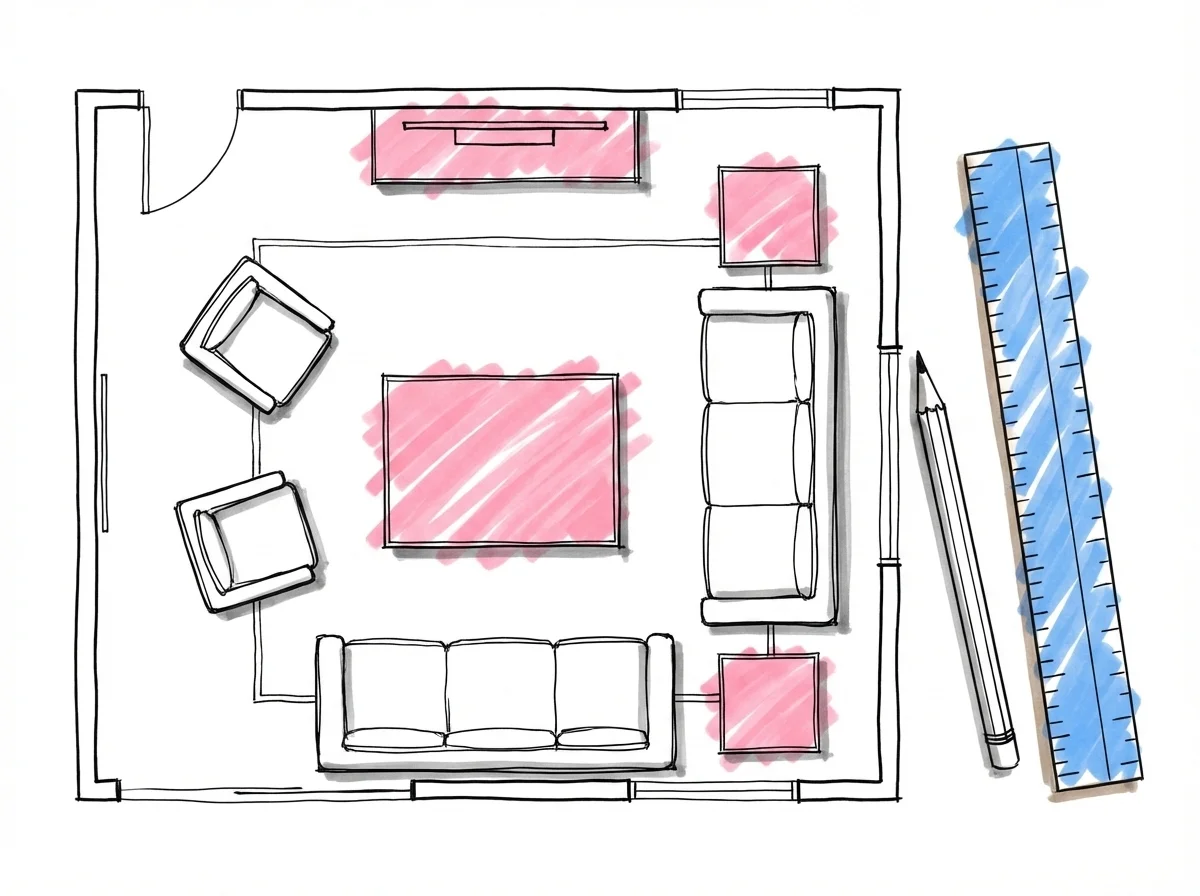 Planritning sedd uppifrån med möbelkonturer som visar bord och stolar i ett vardagsrum, linjal och penna bredvid