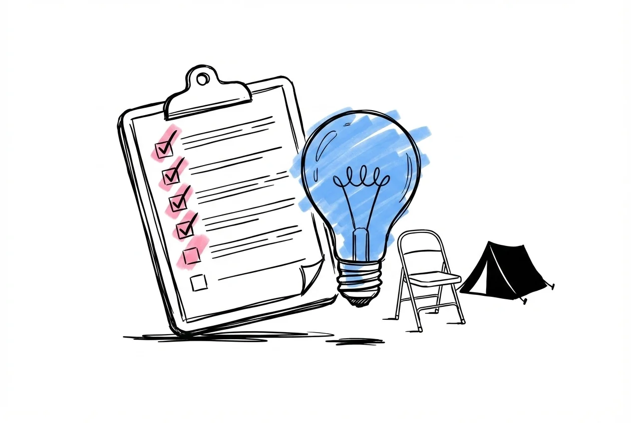 Checklista på clipboard med bockade punkter, bredvid en glödlampa, fällstol och liten tältsilhuett
