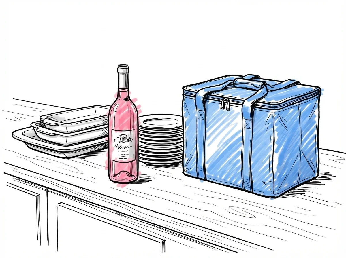 Köksbänk med serveringsfat, tallriksstapel och vinflaska, cateringlåda bredvid