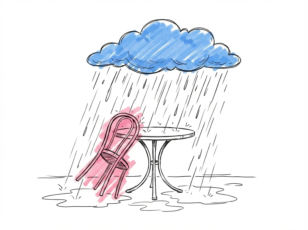 Regnmoln över ett litet utomhusdukat bord, en stol har vält och vattenpölar bildas