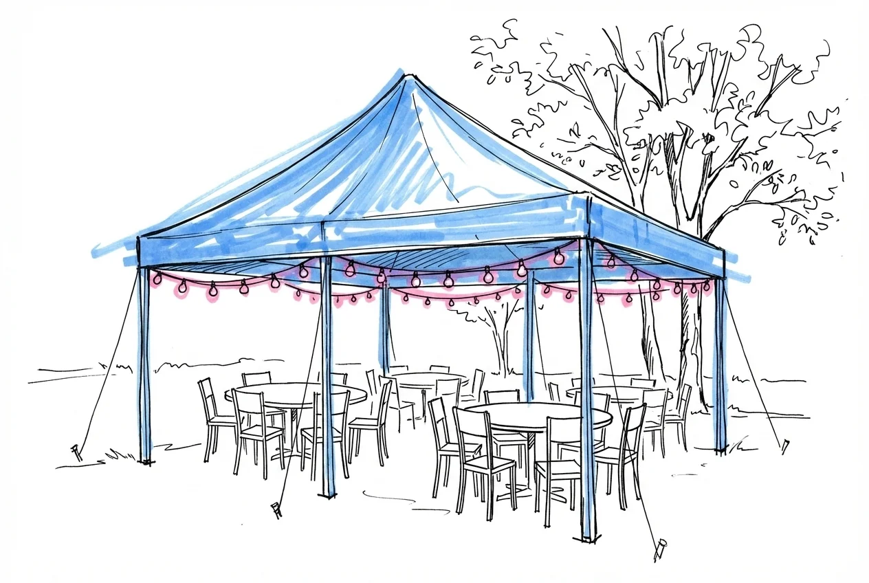 Partytält i trädgård med ljusslingor inuti, runda bord synliga under tältduken, träd i bakgrunden
