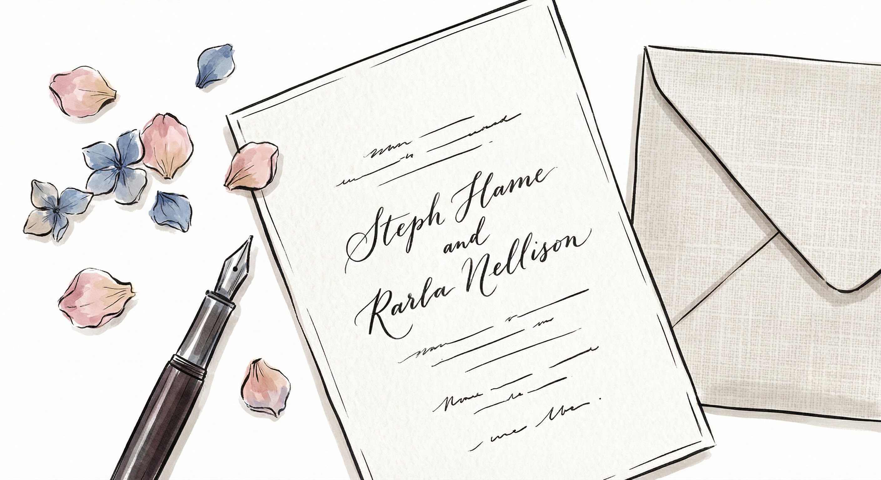 Bröllopsinbjudan med elegant text och blommor