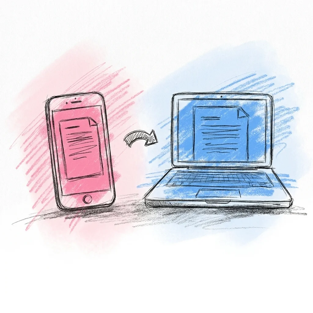 En telefon och en laptop sida vid sida som visar ett delat dokument, med en liten ikon som antyder delning mellan två personer