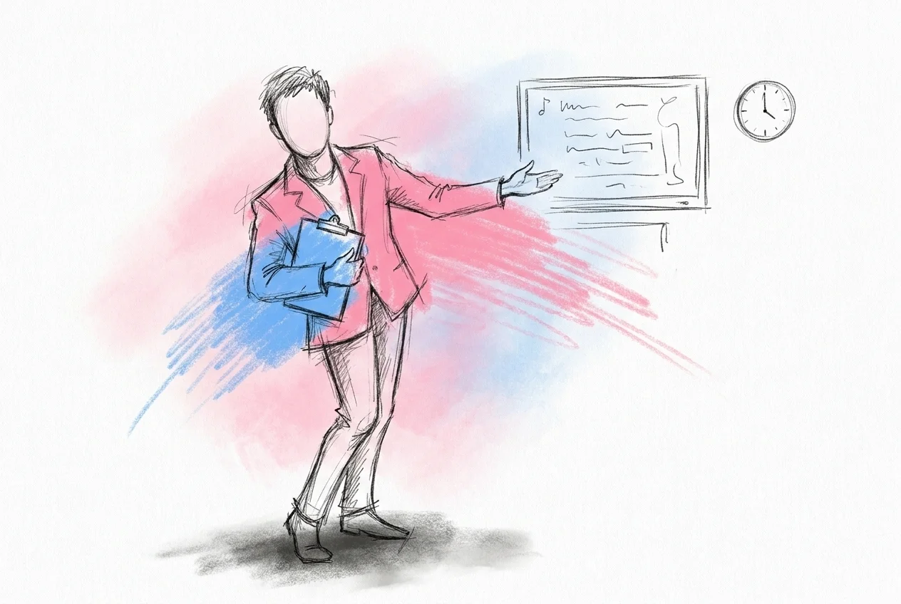 En värd eller toastmaster håller en anmälningslista nära karaokeskärmen och gestikulerar för att bjuda upp nästa gäst, en väggklocka eller schemakort synlig i närheten