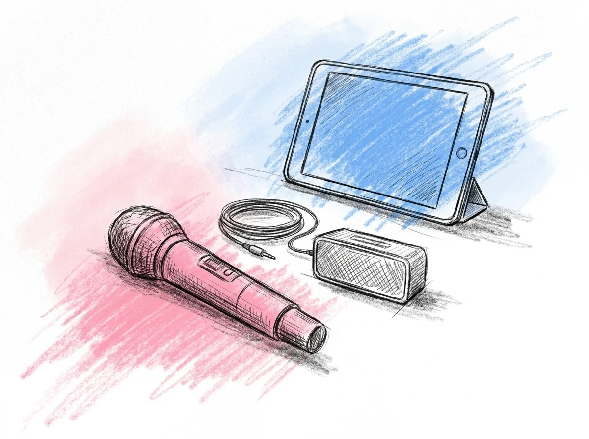 En flat lay med karaokeutrustning — en trådlös mikrofon, en liten högtalare, en surfplatta på ett stativ och kablar organiserade på ett bord