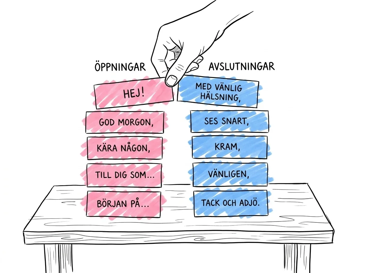 Två kolumner med korta textlappar för öppningar och avslutningar med en hand som väljer en från varje