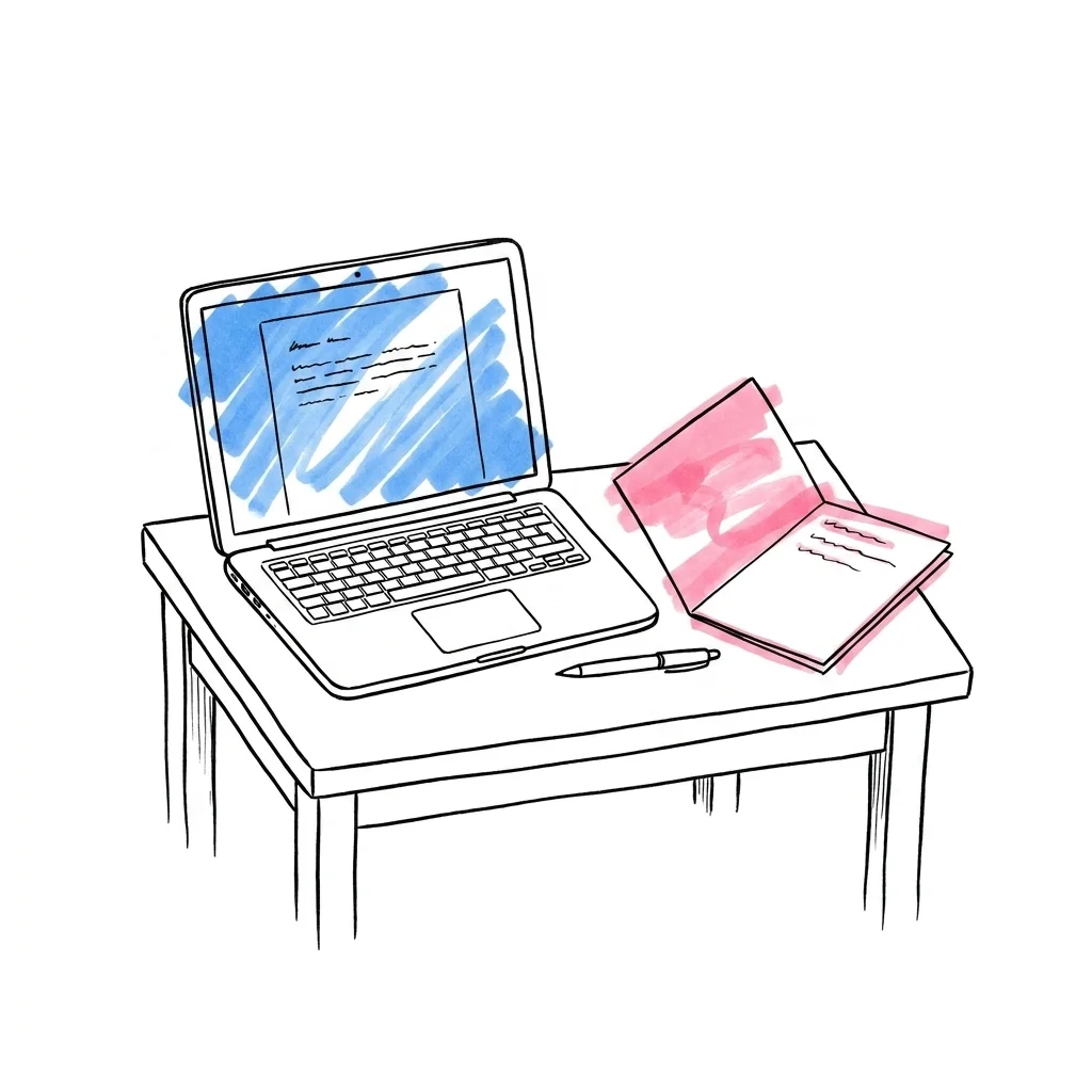 Laptop med utkast till bröllopshälsning bredvid ett uppslaget bröllopskort och en penna