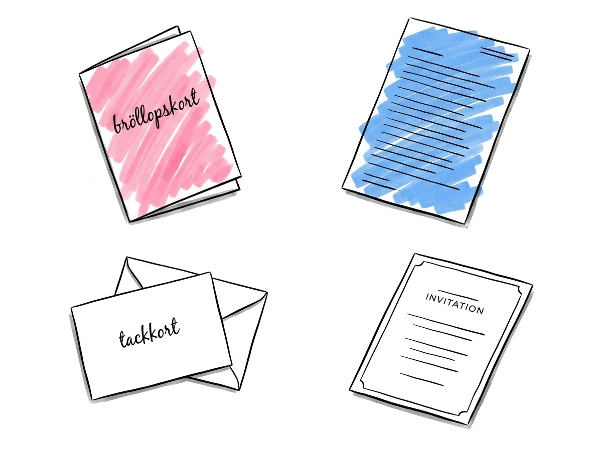 Fyra korttyper sida vid sida: bröllopskort, telegram, tackkort och inbjudan i flat-lay
