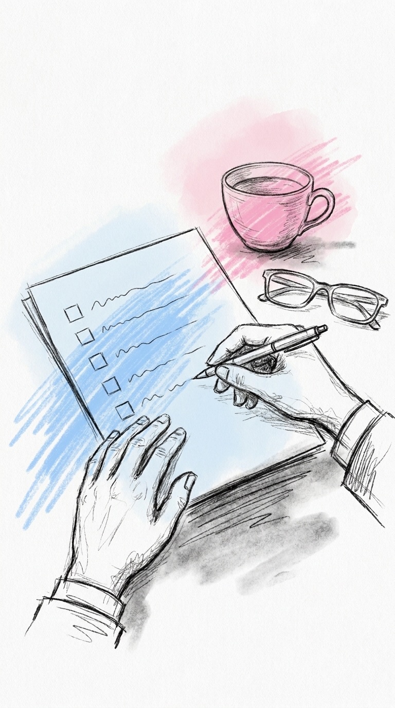 Två par händer över ett tomt papper med tomma kryssrutor, en hand som håller en penna, med läsglasögon och en tekopp vid kanten, i Lovios rosa och blå illustrationsstil