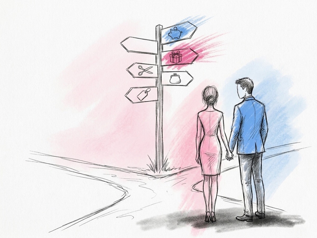 En trävägvisare vid en stigkorsning med fem pilar som pekar åt olika håll, var och en med en liten symbol, och ett par som håller varandra i handen framför, i Lovios rosa och blå illustrationsstil