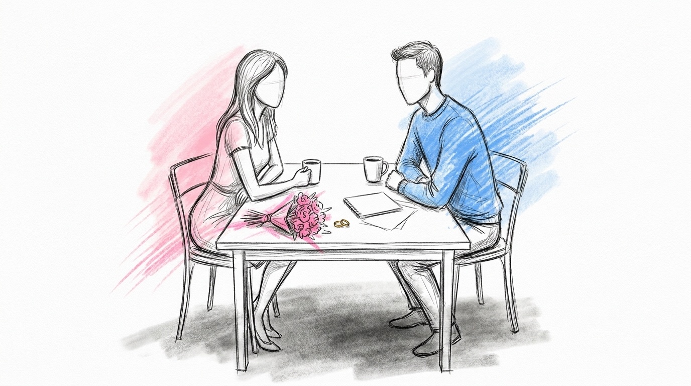 Par som räknar på bröllopslån vid ett köksbord med kaffekoppar, ett anteckningsblock och lösa papper, en liten bukett och två vigselringar på bordet, i Lovios rosa och blå illustrationsstil
