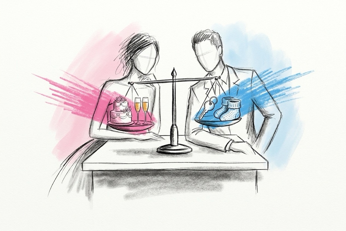 En balansvåg på ett bord med en liten bröllopstårta och champagneglas på ena sidan och en husnyckel och en babysko på andra, med ett par som sitter bakom och tittar på den, i Lovios rosa och blå illustrationsstil