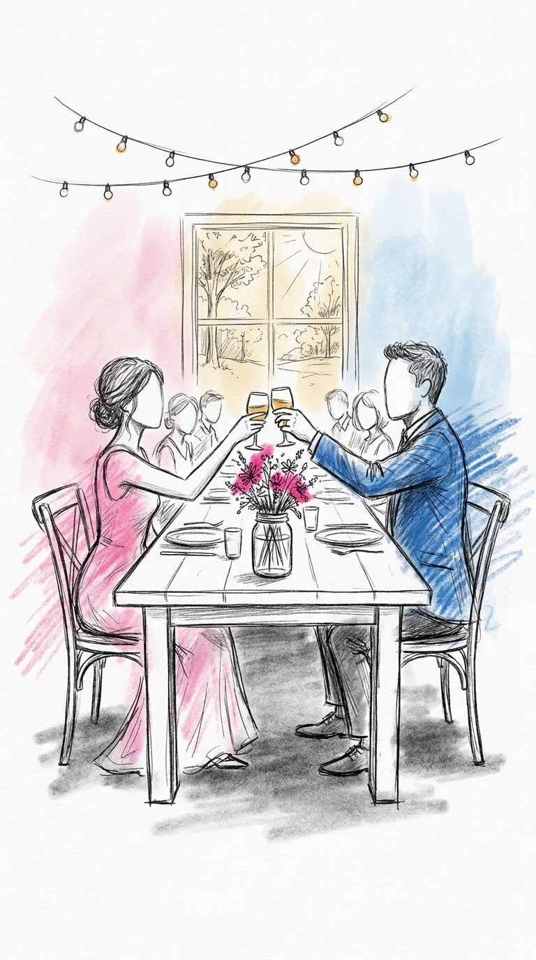 Ett litet långbord med några gäster, en burk med vildblommor, ljusslingor och ett soligt morgonfönster, med ett par vid bordsändan som skålar, i Lovios rosa och blå illustrationsstil
