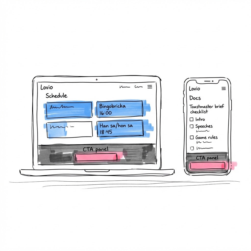 Lovio på laptop och mobil med schema och toastmasterbrief