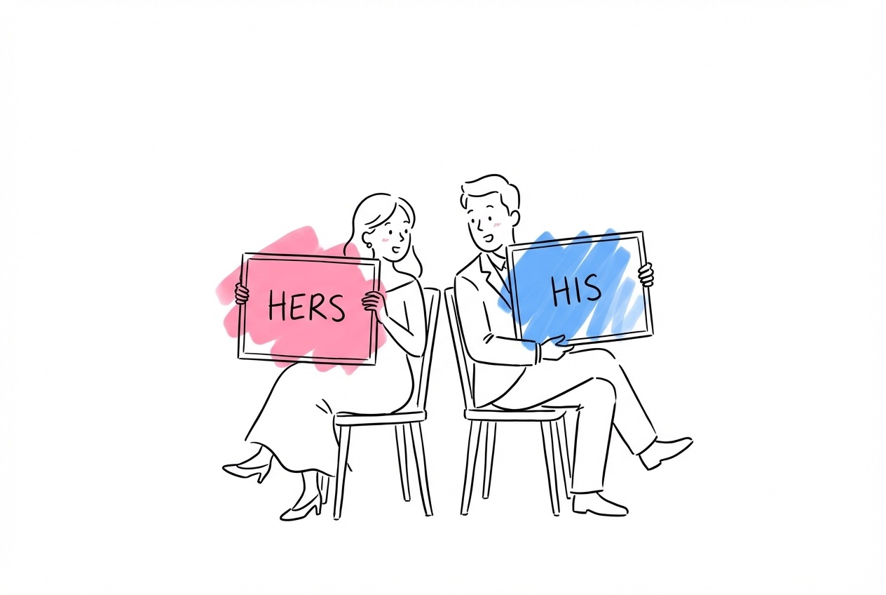 Brudpar som sitter rygg mot rygg och leker han sa hon sa