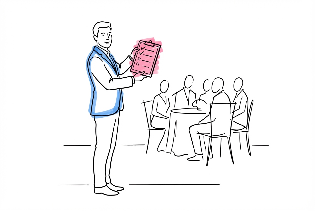 Toastmaster med brief och checklista inför bröllopslekar