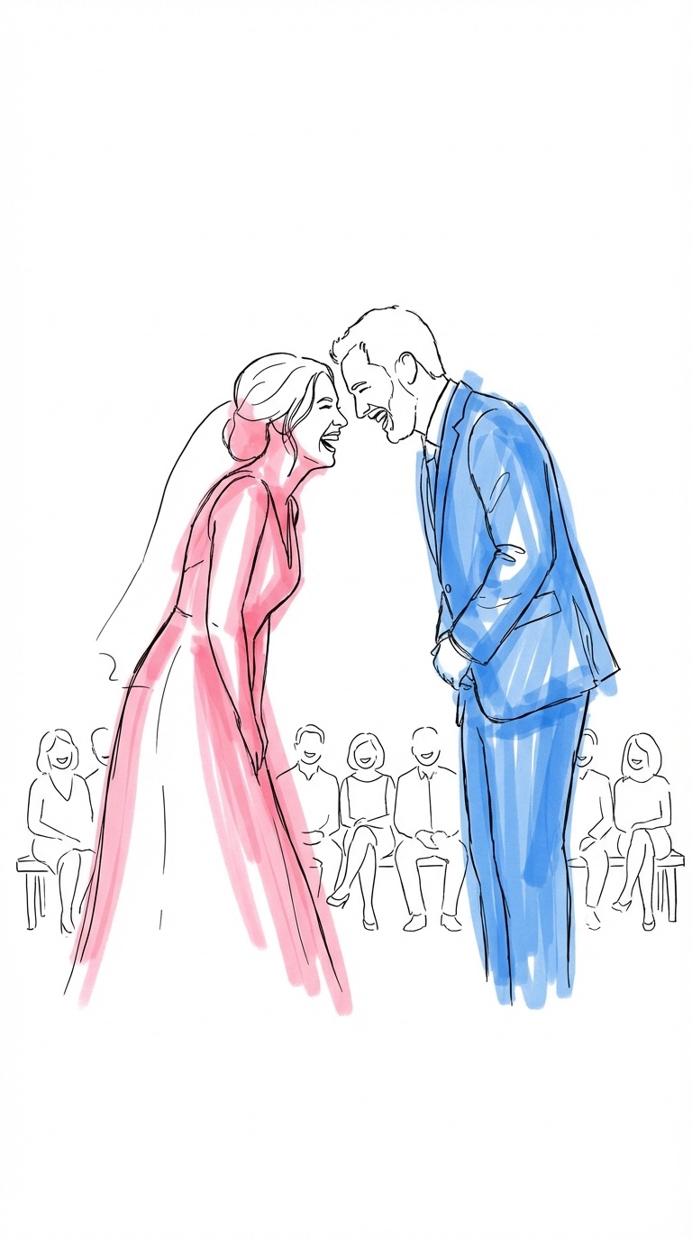 Par som skrattar under vigselceremonin, gäster ler i bakgrunden