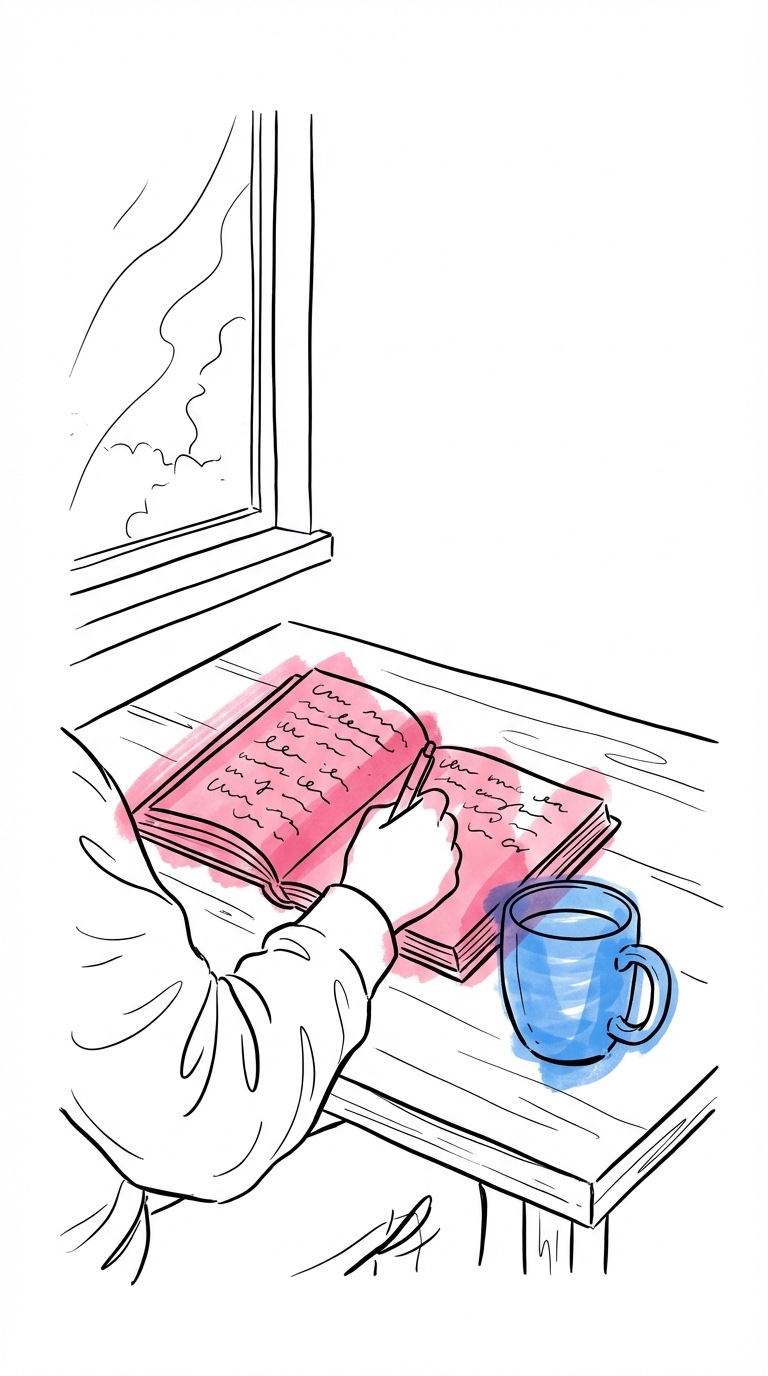 Person som skriver i ett anteckningsblock vid ett fönster