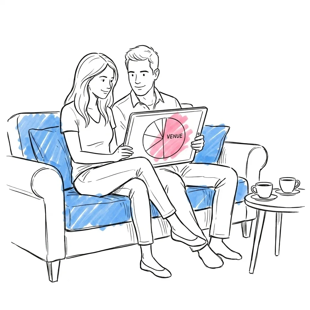 Par vid bord som tittar på budgetöversikt på surfplatta med lokalkostnad som största paj-bit