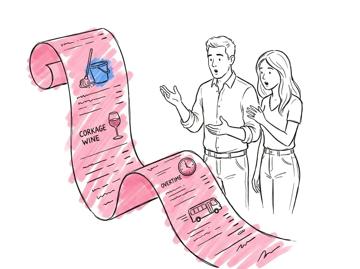 Kvitto som rullar ut med oväntade poster — städhink, vinglas, klocka för övertid och shuttlebuss