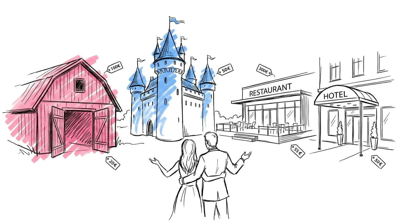 Panorama av svenska bröllopslokal-siluetter — lada, slott, restaurang och hotell med prislappar