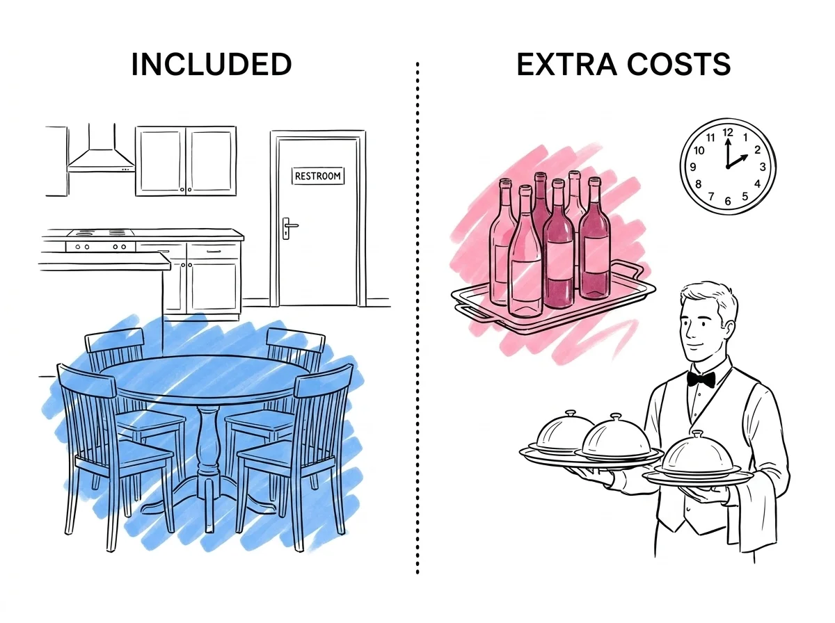 Illustration av vad som ingår och inte ingår i lokalpriset — möbler, kök på ena sidan, vin och personal på den andra