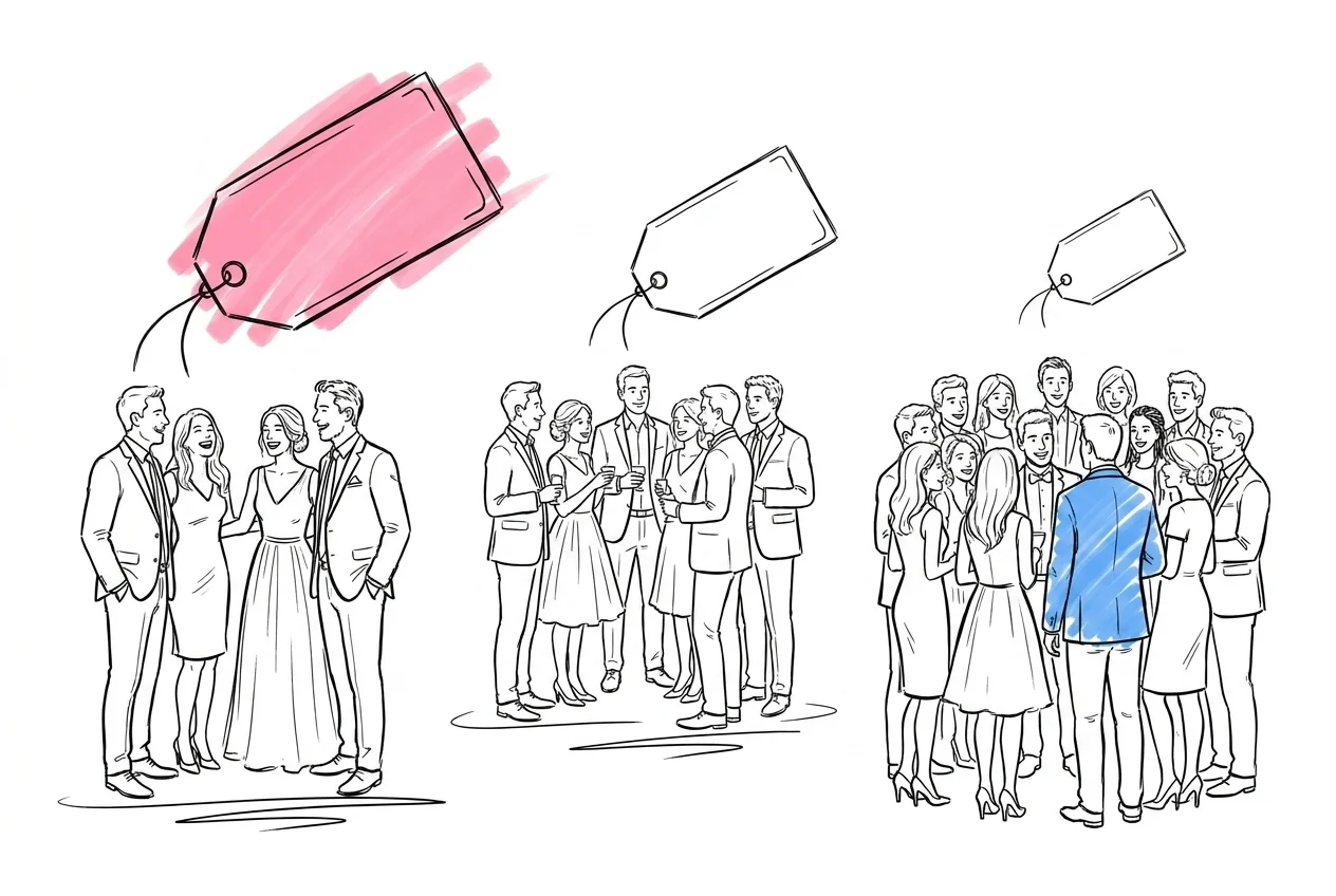 Bröllopsgäster i växande grupper med sjunkande kostnadsindikator — fler gäster ger lägre per-person-pris