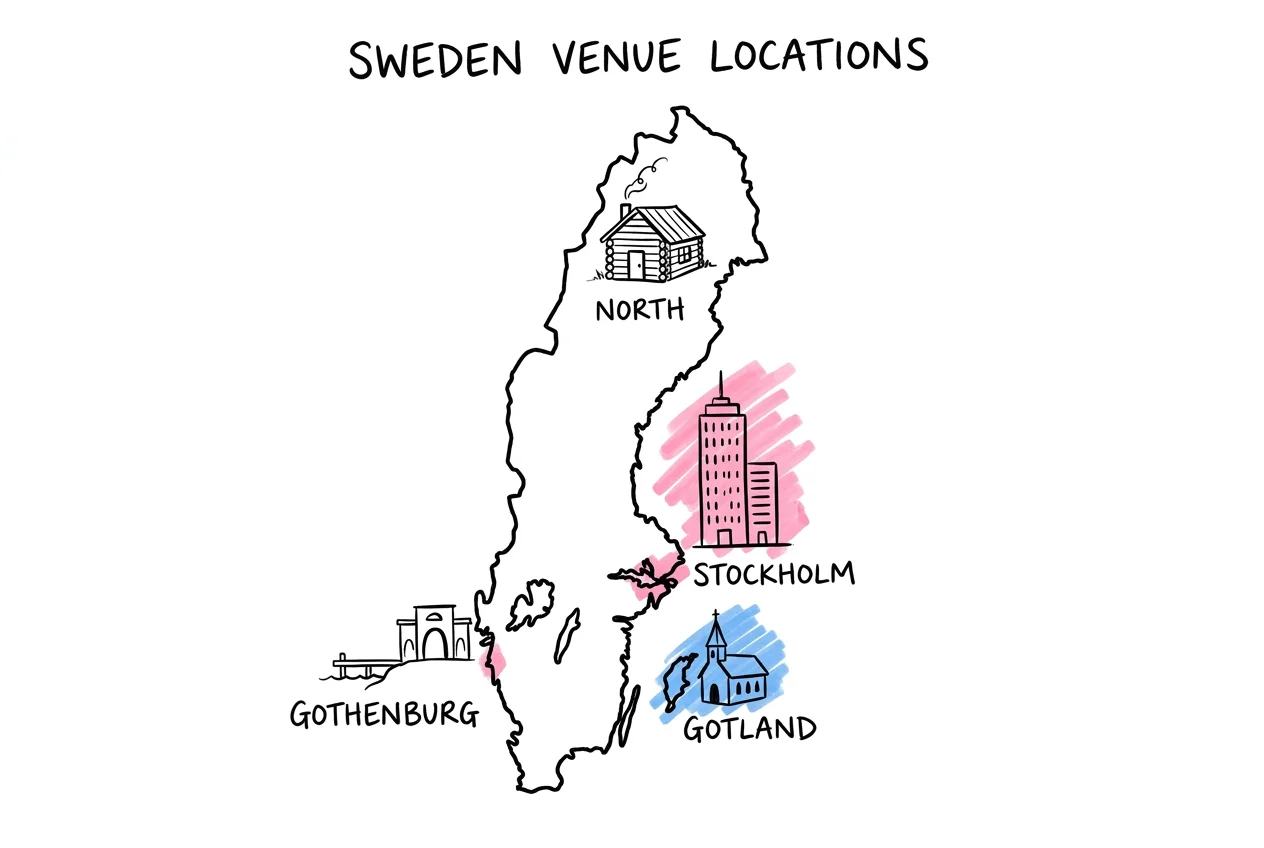 Förenklad Sverigekarta med lokalsymboler vid olika regioner — stadshus nära Stockholm, lada på landet, kustlokal vid Göteborg
