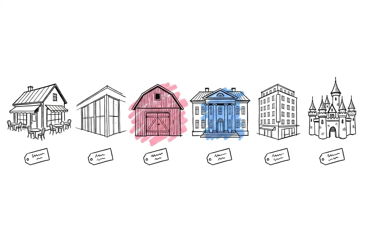 Sex arkitekturskisser i rad — restaurang, festlokal, lada, herrgård, hotell och slott